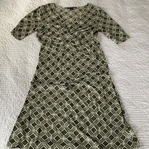 Banana Republic Silk Cotton Midi Patterned Green Dress, Medium